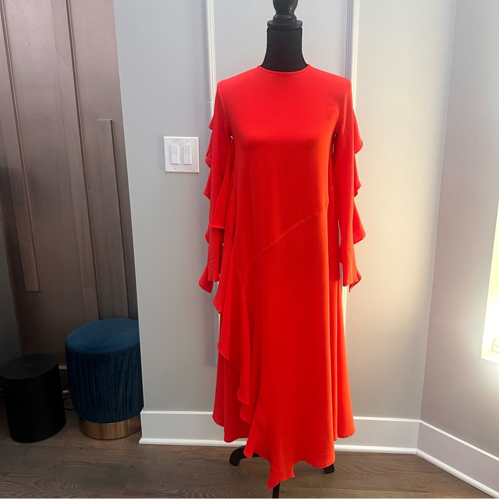 Zara Red Asymmetrical A-Line Dress with Ruffle Sleeves and back.